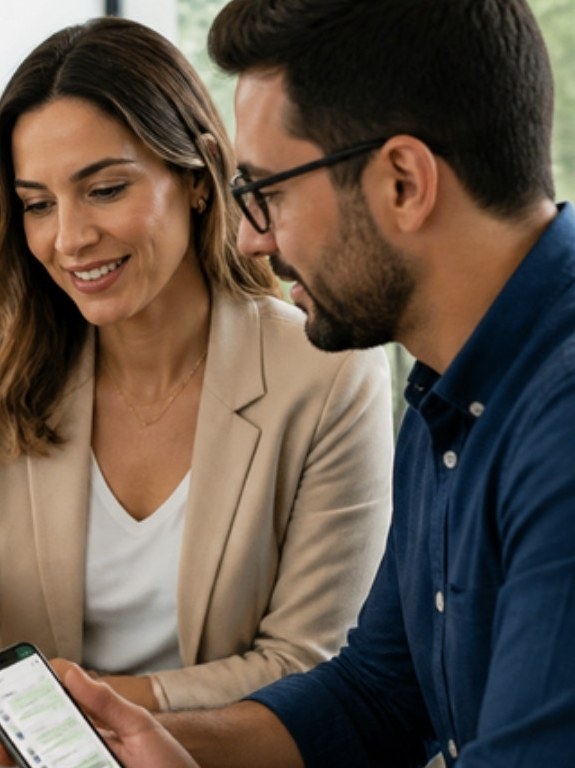 Gestora e colega acompanhando o atendimento no celular e no notebook